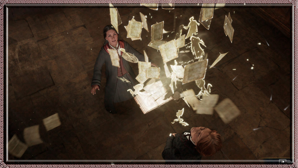 The Wizard's Field Guide that Professor Weasley gives the player bursts open, spreading points of interest throughout the castle and Highlands.