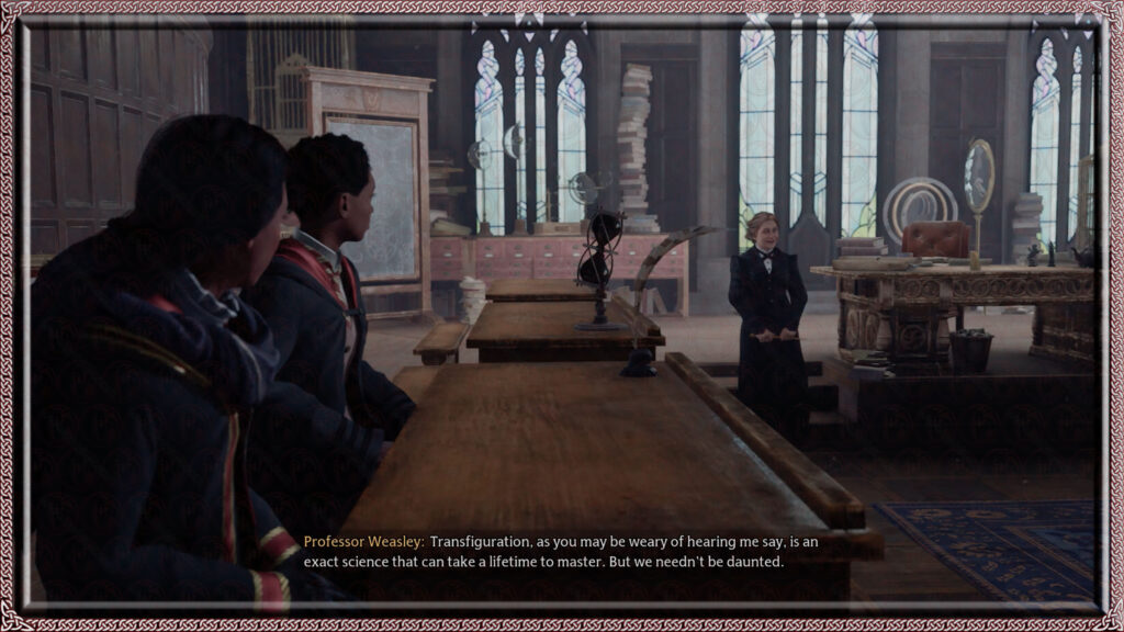Professor Weasley encourages her class in the challenging practice of Transfiguration.