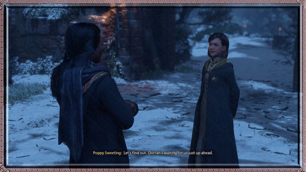 Poppy Sweeting points the way as the characters proceed to the mysterious manor Dorran mentioned.