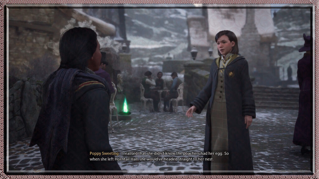 Poppy Sweeting explains her reasoning concerning the freed dragon and the egg the characters found in Horntail Hall.