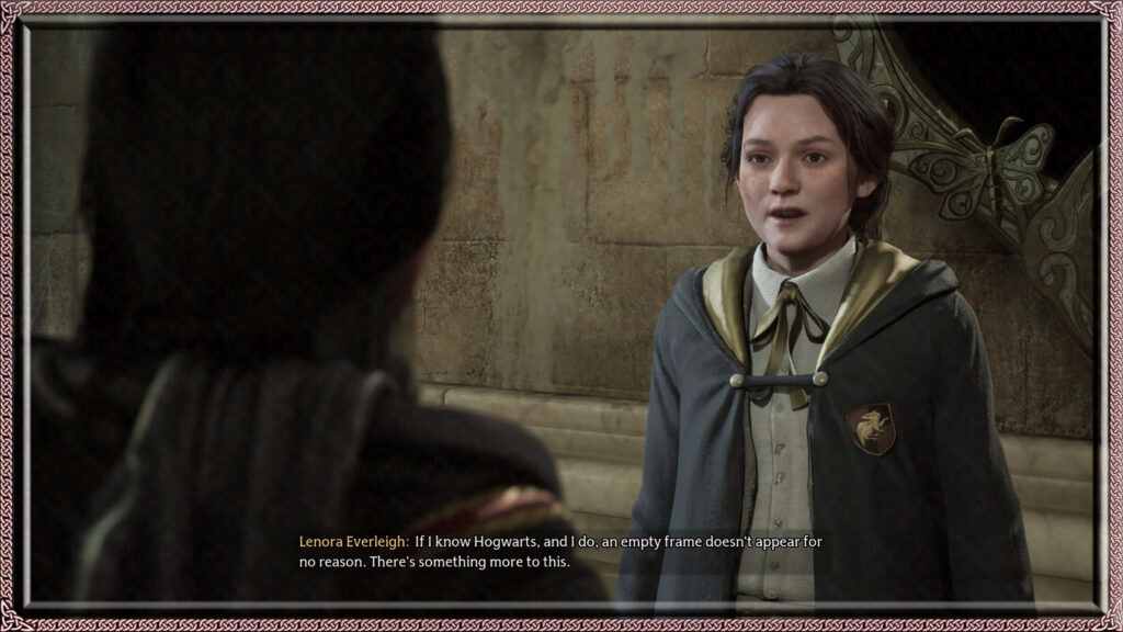 Lenora Everleigh puzzles over an empty magic frame appearing in the Central Hall.