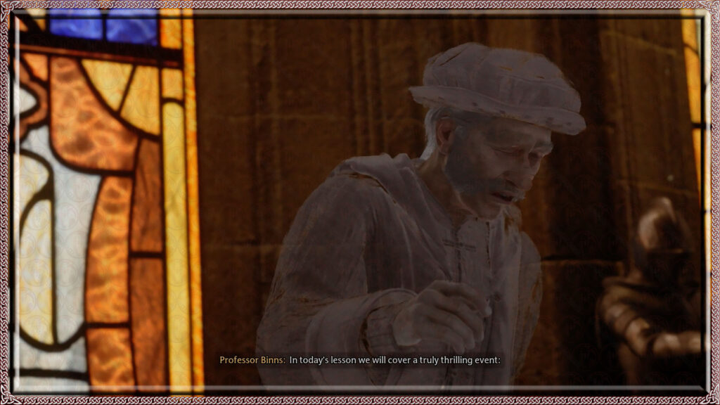 The ghostly Professor Binns begins a history lesson concerning a thrilling event with his typical oration, completely lacking anything approximating 'thrill.'