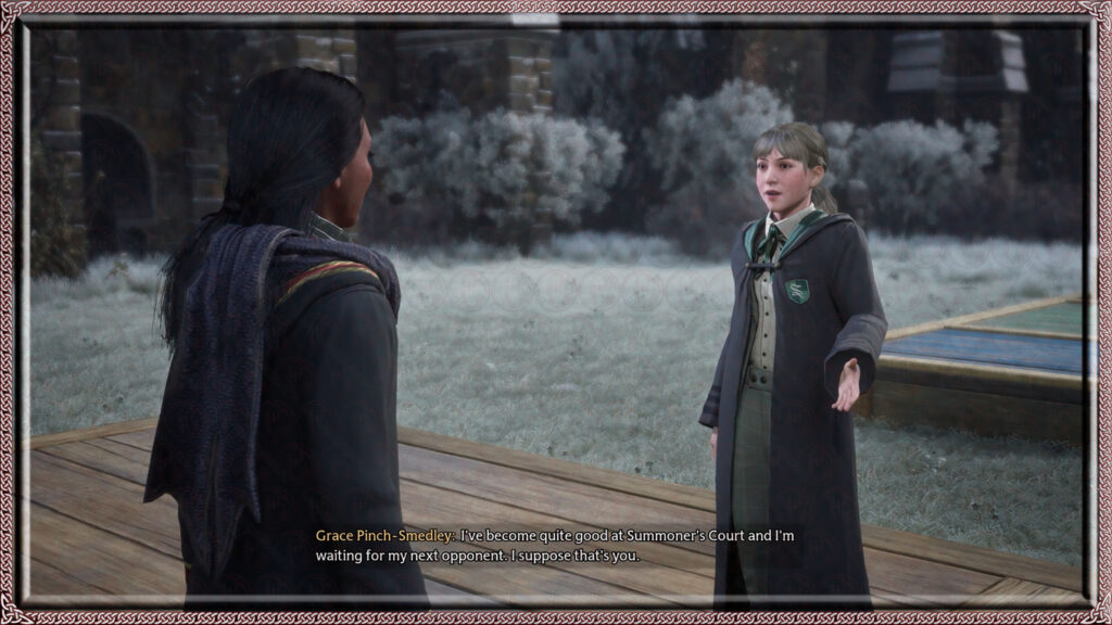 Grace Pinch-Smedley mentions her readiness to test you in the Summoner's Court challenge.